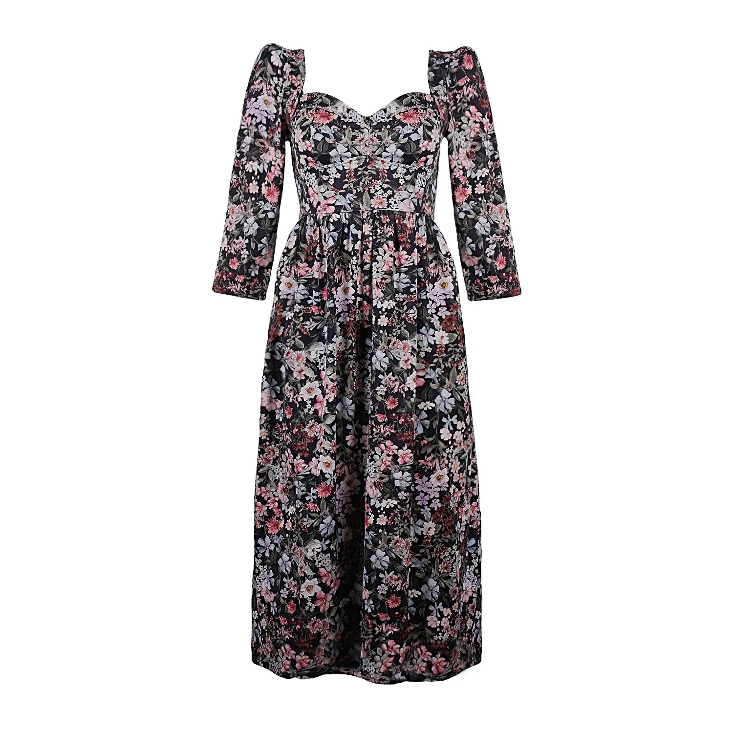 Violet Dress with a Sweetheart Neckline / Black Floral Cotton