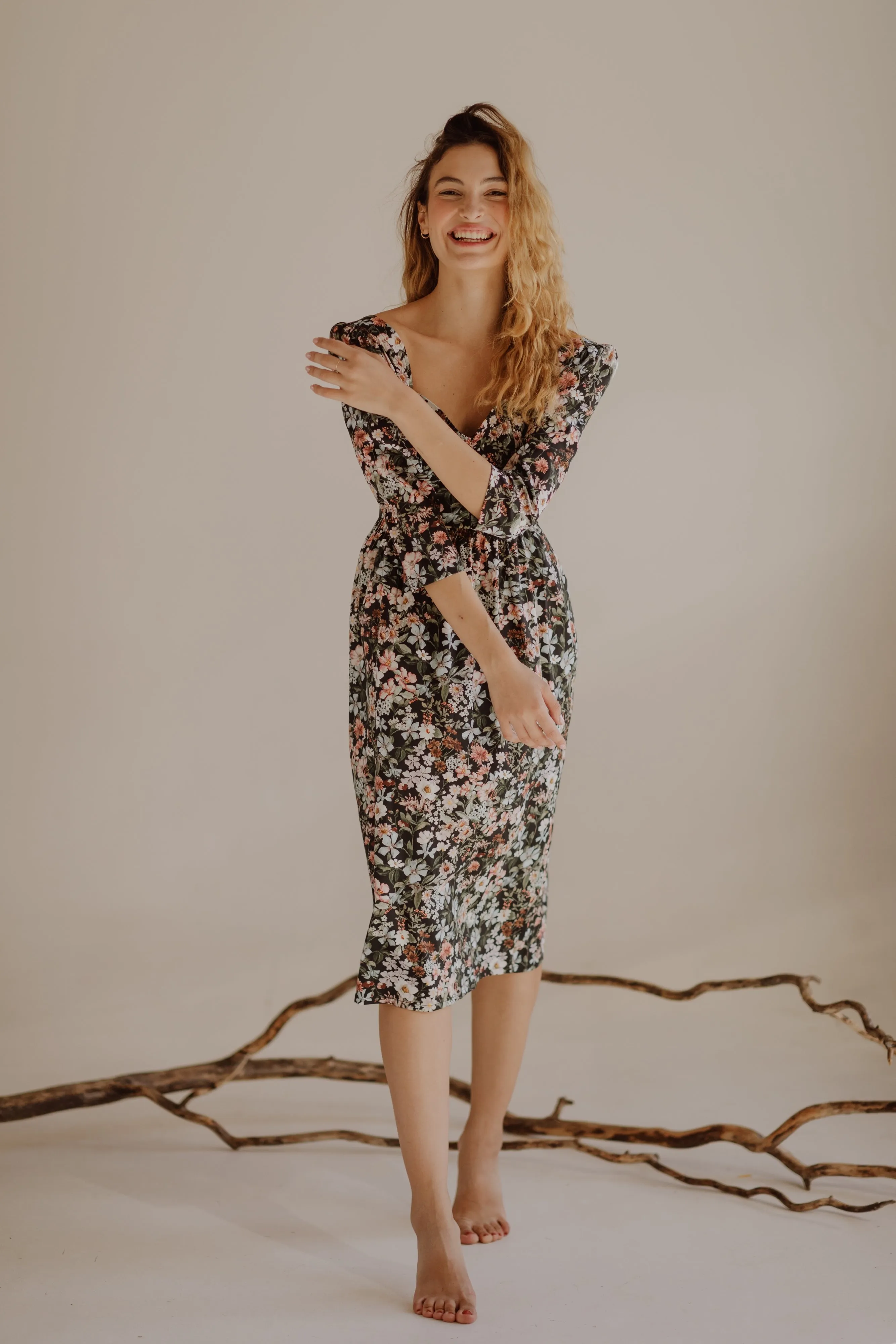 Violet Dress with a Sweetheart Neckline / Black Floral Cotton