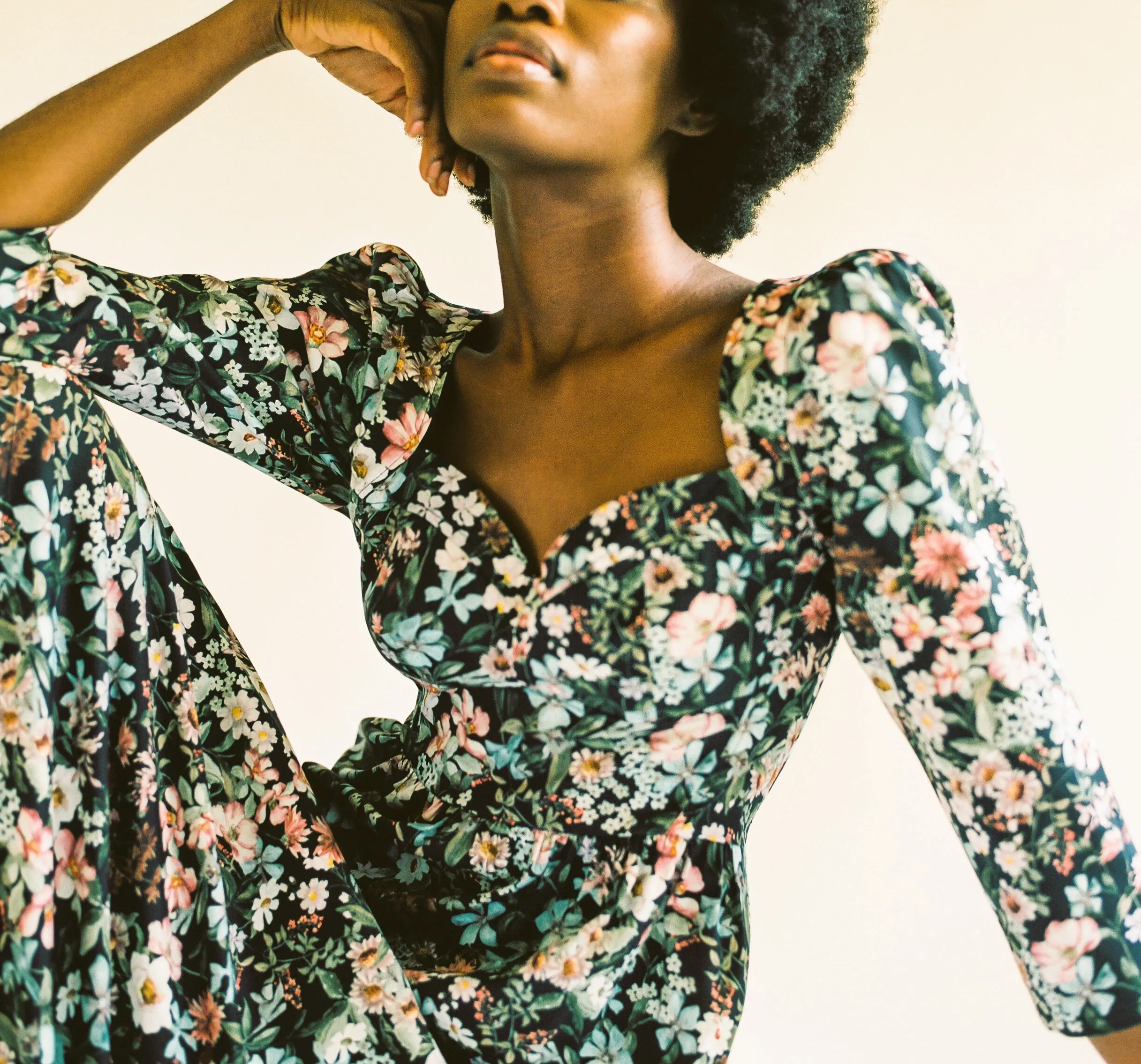 Violet Dress with a Sweetheart Neckline / Black Floral Cotton