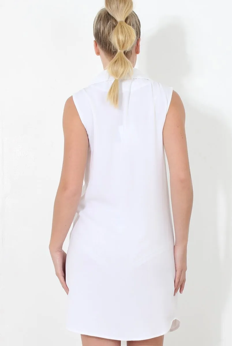 White Double Breasted Sleeveless Dress -Meg