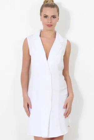 White Double Breasted Sleeveless Dress -Meg