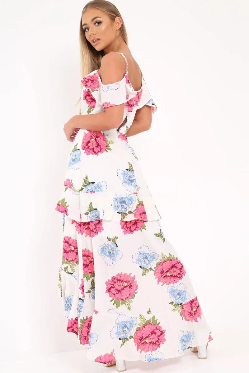 White Floral Frill Wrap Cold Shoulder Dress -Sabria