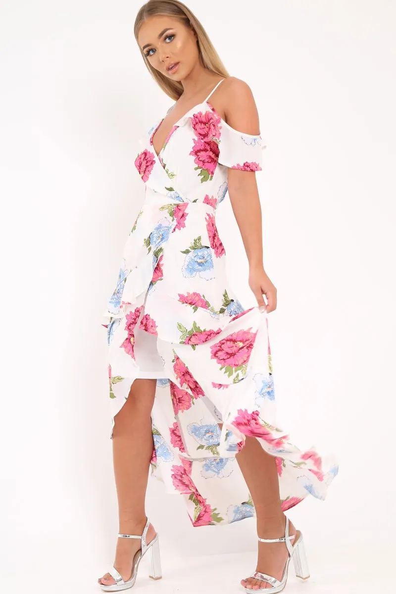 White Floral Frill Wrap Cold Shoulder Dress -Sabria