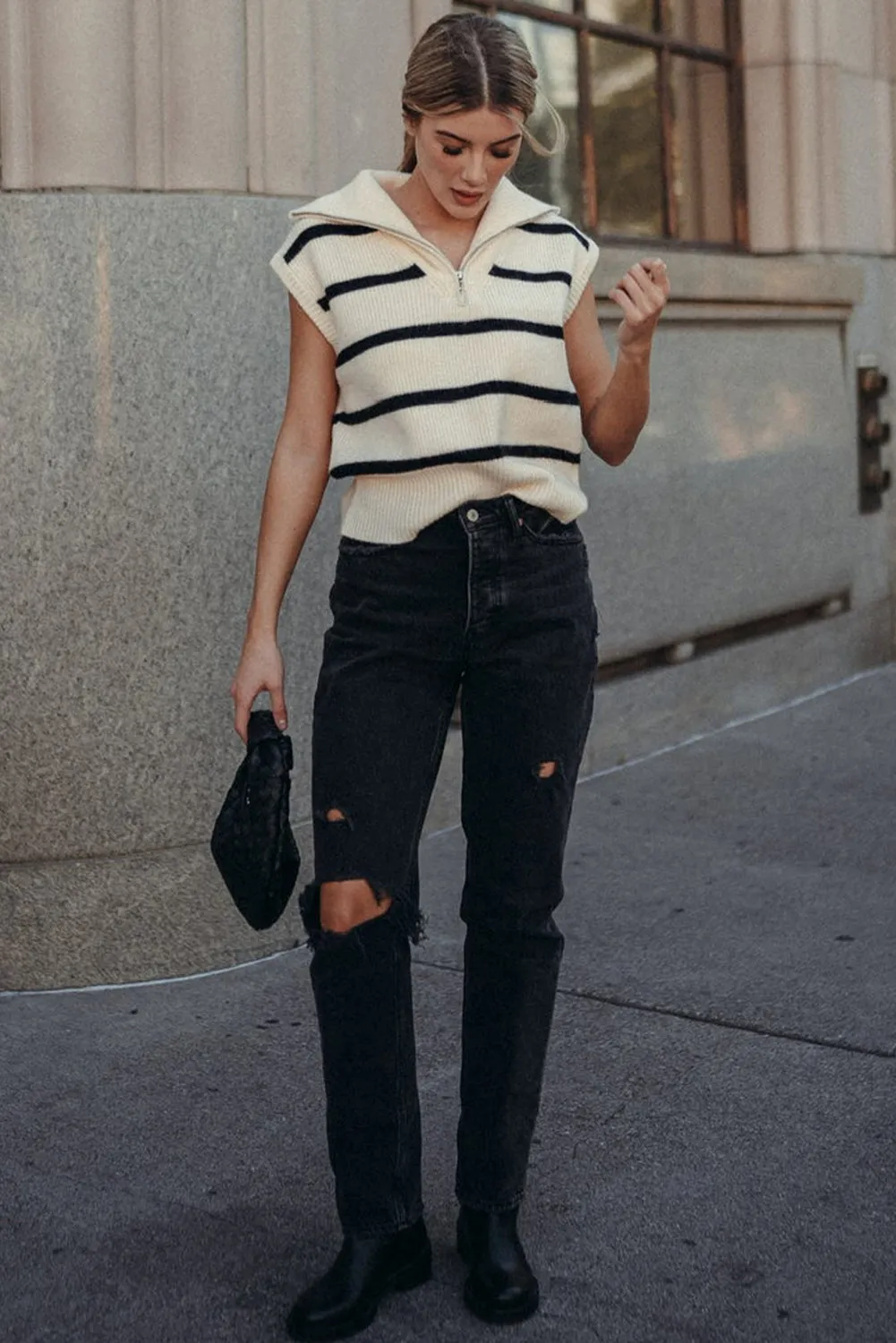 White Stripe Zipped Collar Cap Sleeve Knit Top