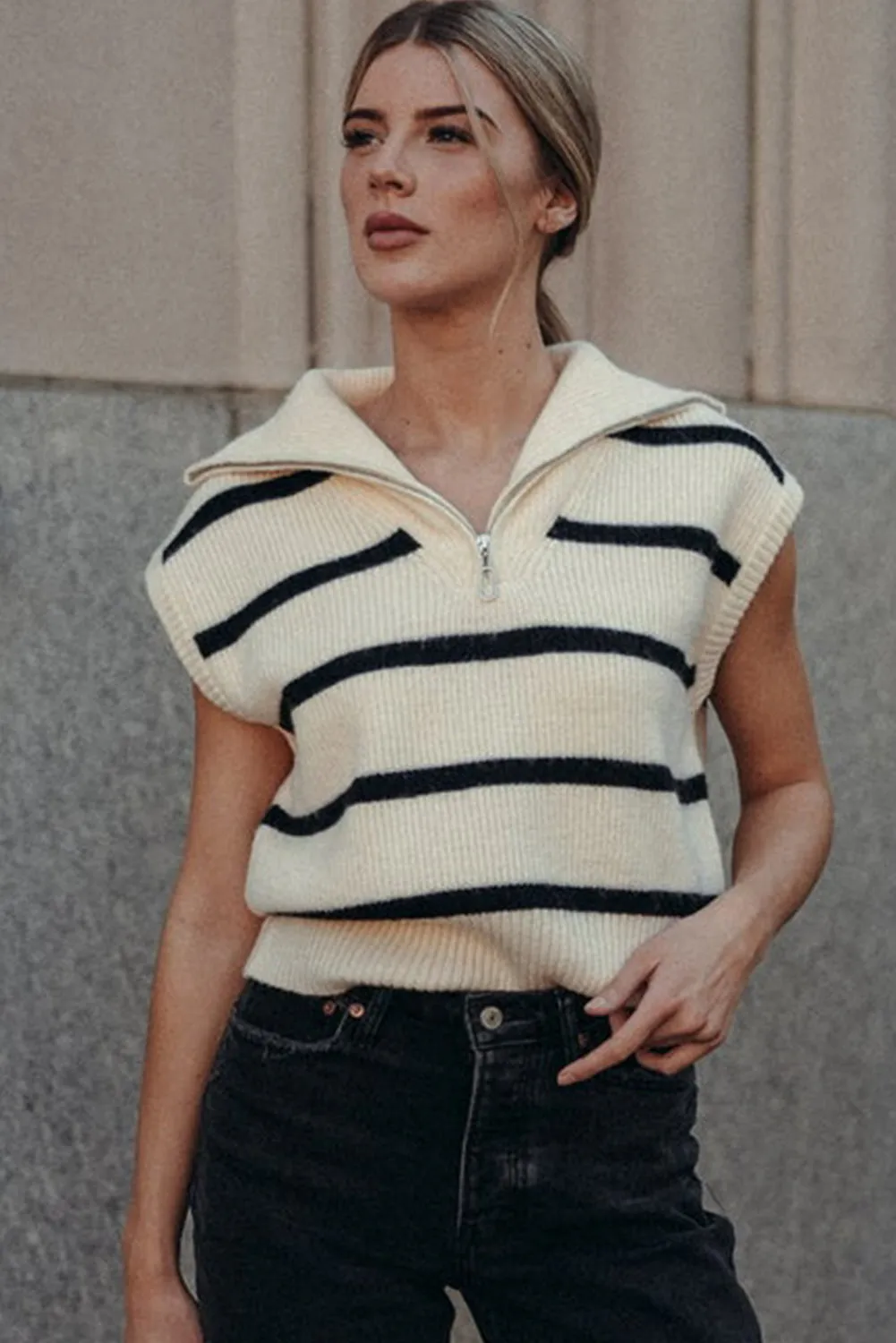 White Stripe Zipped Collar Cap Sleeve Knit Top