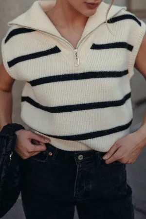 White Stripe Zipped Collar Cap Sleeve Knit Top