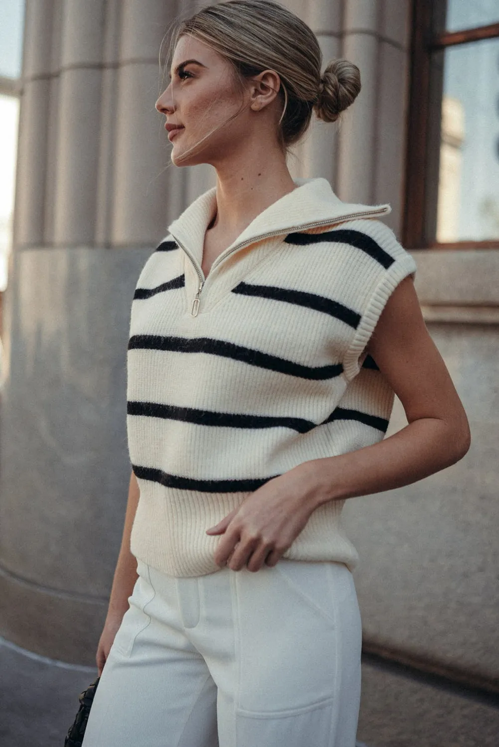 White Stripe Zipped Collar Cap Sleeve Knit Top