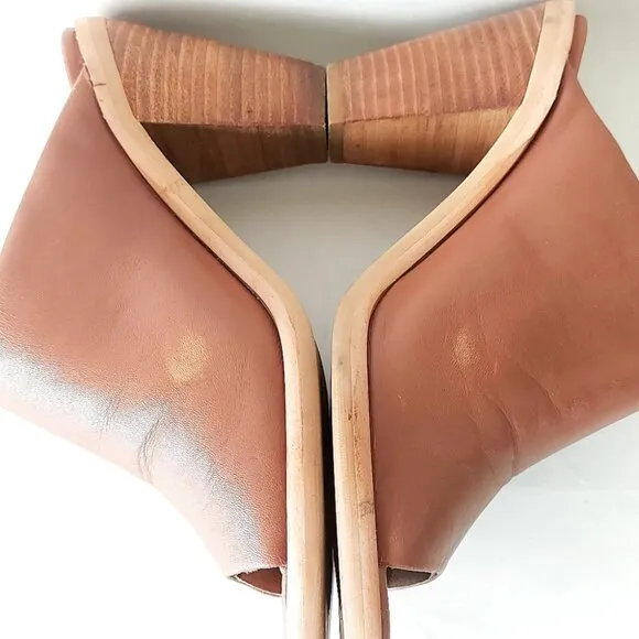 Wishbone Collection Mule Size 6 Caramel Leather Open Toe Stack Heel Slide Slipon