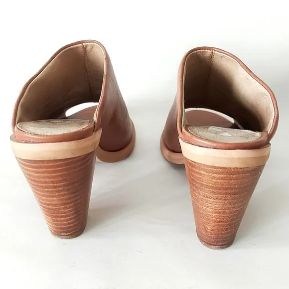 Wishbone Collection Mule Size 6 Caramel Leather Open Toe Stack Heel Slide Slipon