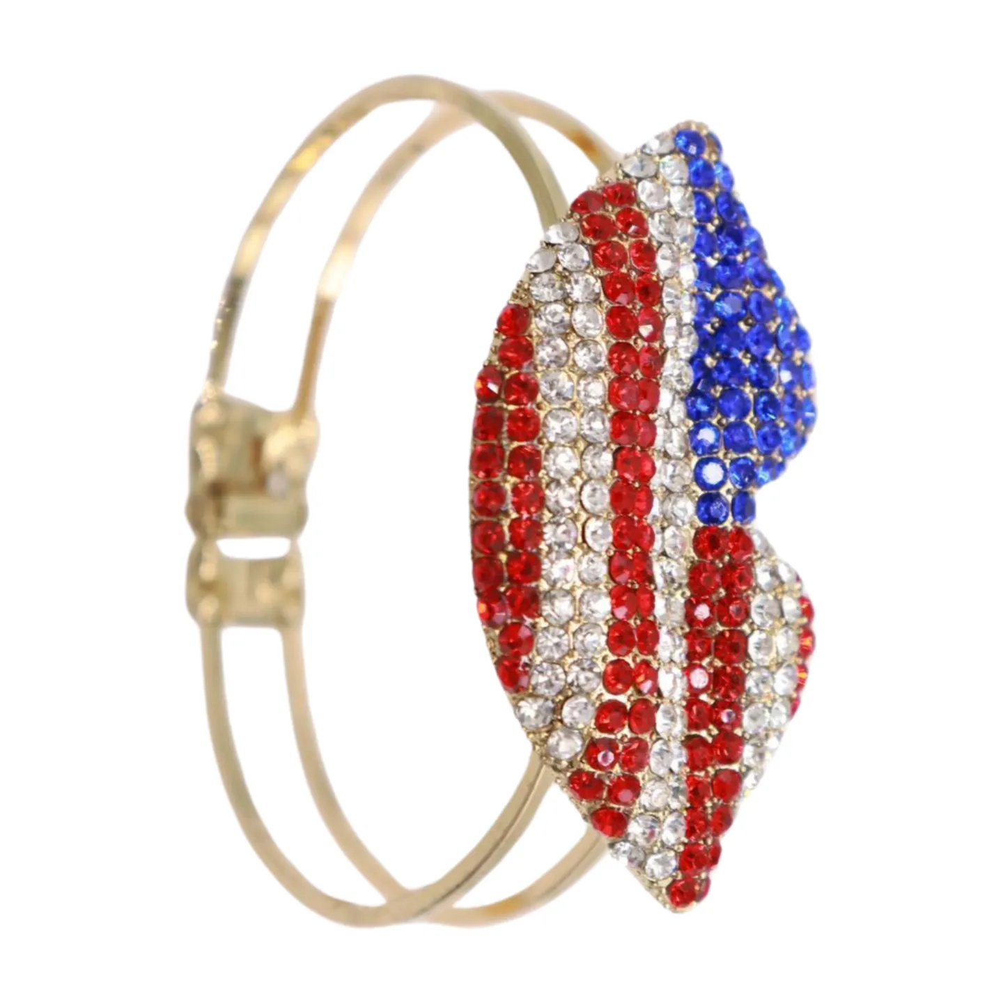 Women Gold Metal Cuff Bracelet Bling USA Flag Kiss Lips