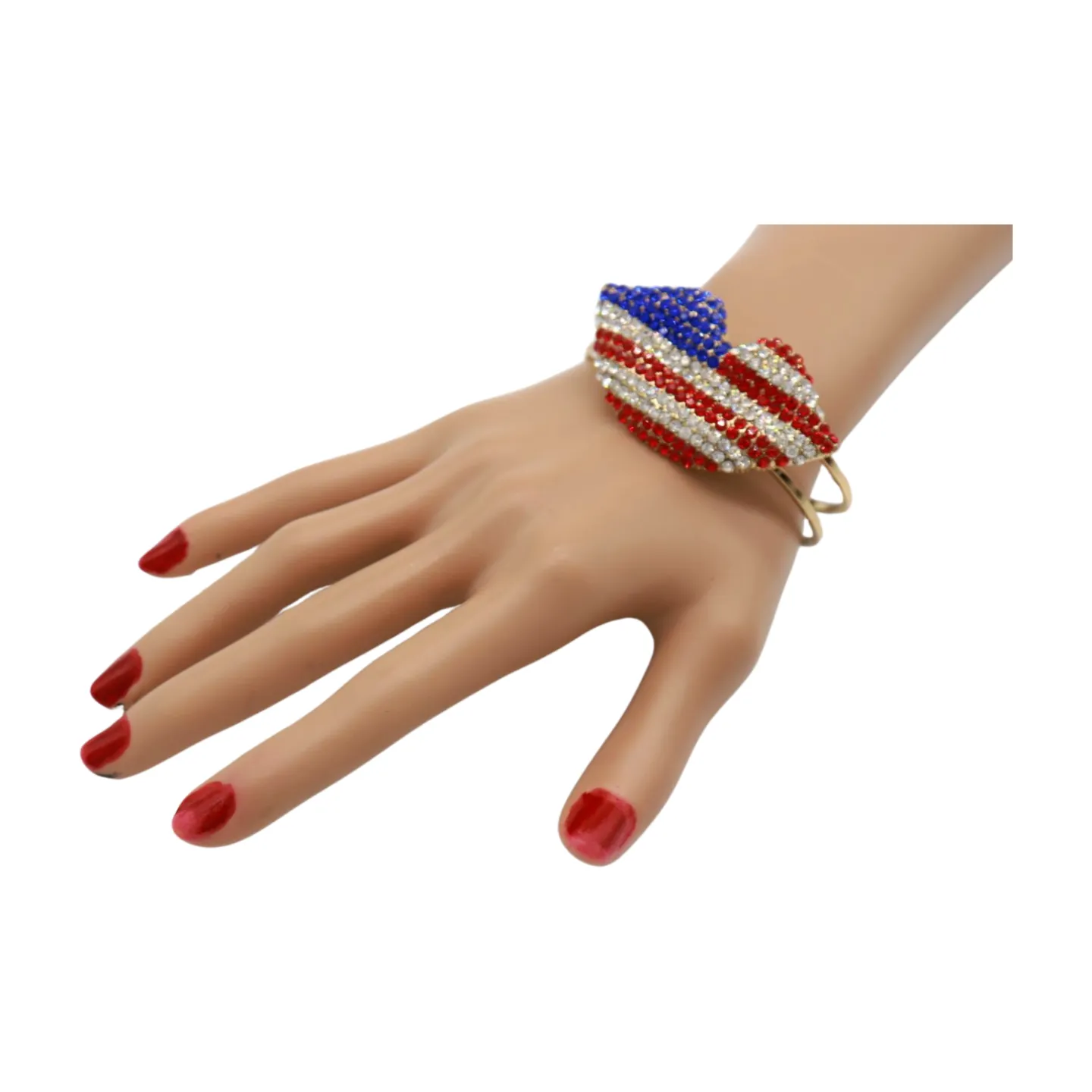 Women Gold Metal Cuff Bracelet Bling USA Flag Kiss Lips