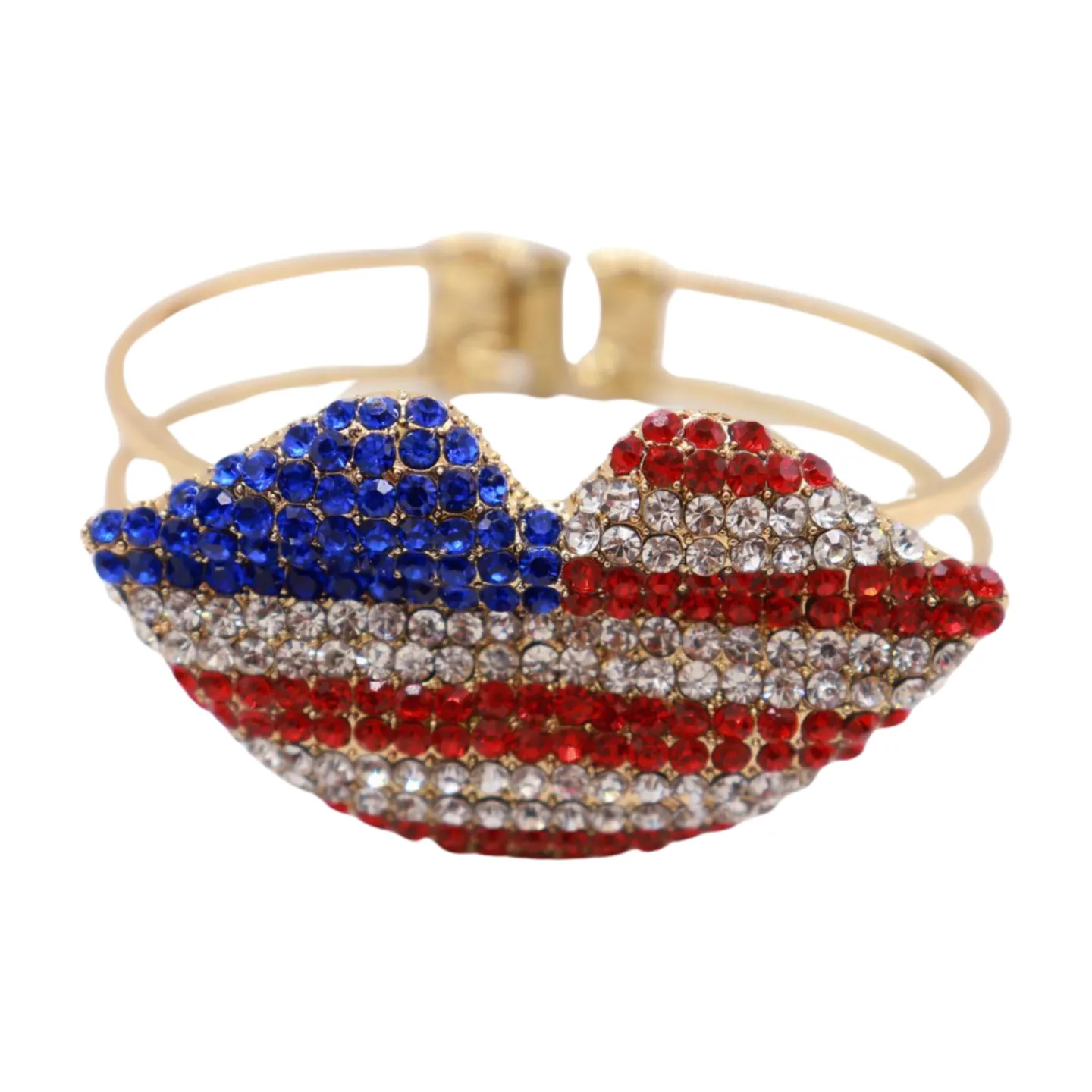 Women Gold Metal Cuff Bracelet Bling USA Flag Kiss Lips