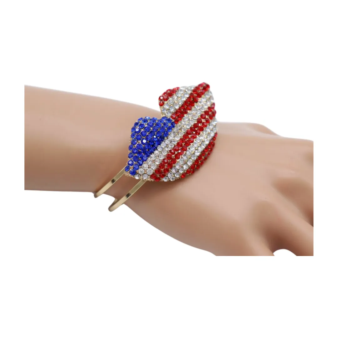 Women Gold Metal Cuff Bracelet Bling USA Flag Kiss Lips