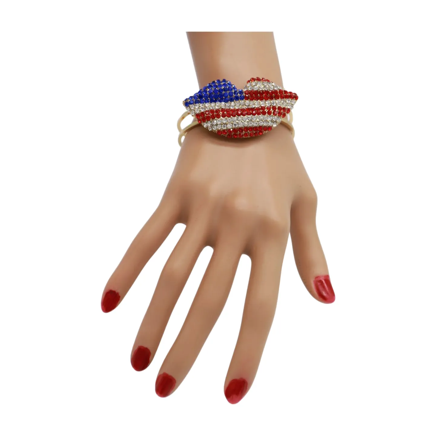 Women Gold Metal Cuff Bracelet Bling USA Flag Kiss Lips