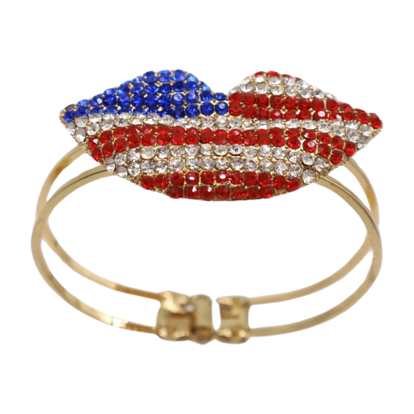 Women Gold Metal Cuff Bracelet Bling USA Flag Kiss Lips