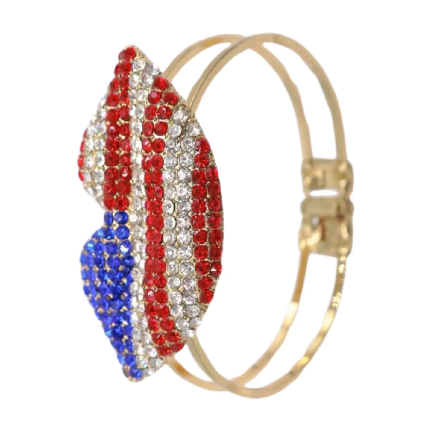 Women Gold Metal Cuff Bracelet Bling USA Flag Kiss Lips