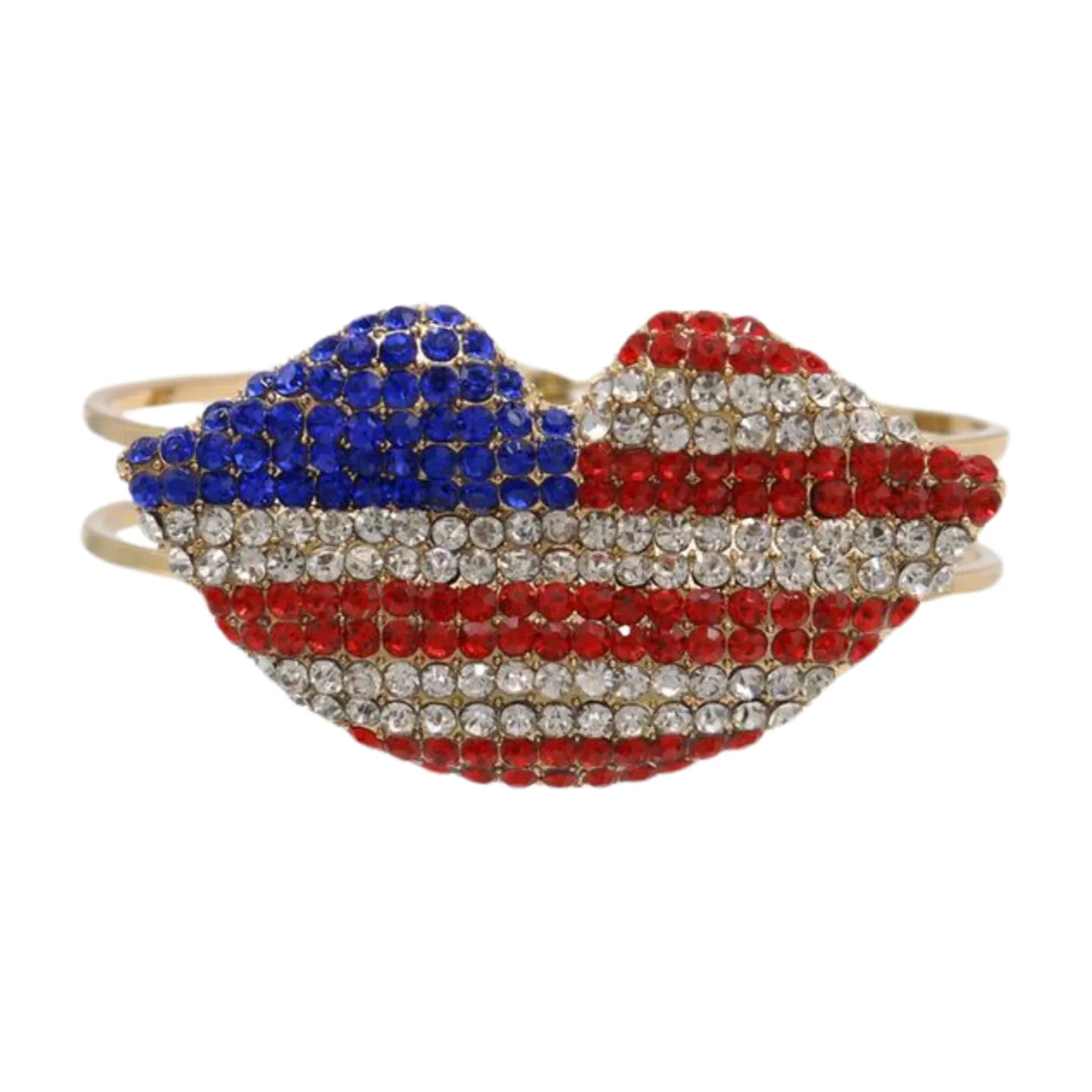Women Gold Metal Cuff Bracelet Bling USA Flag Kiss Lips