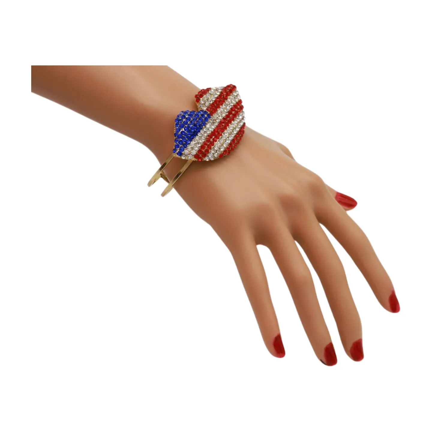 Women Gold Metal Cuff Bracelet Bling USA Flag Kiss Lips