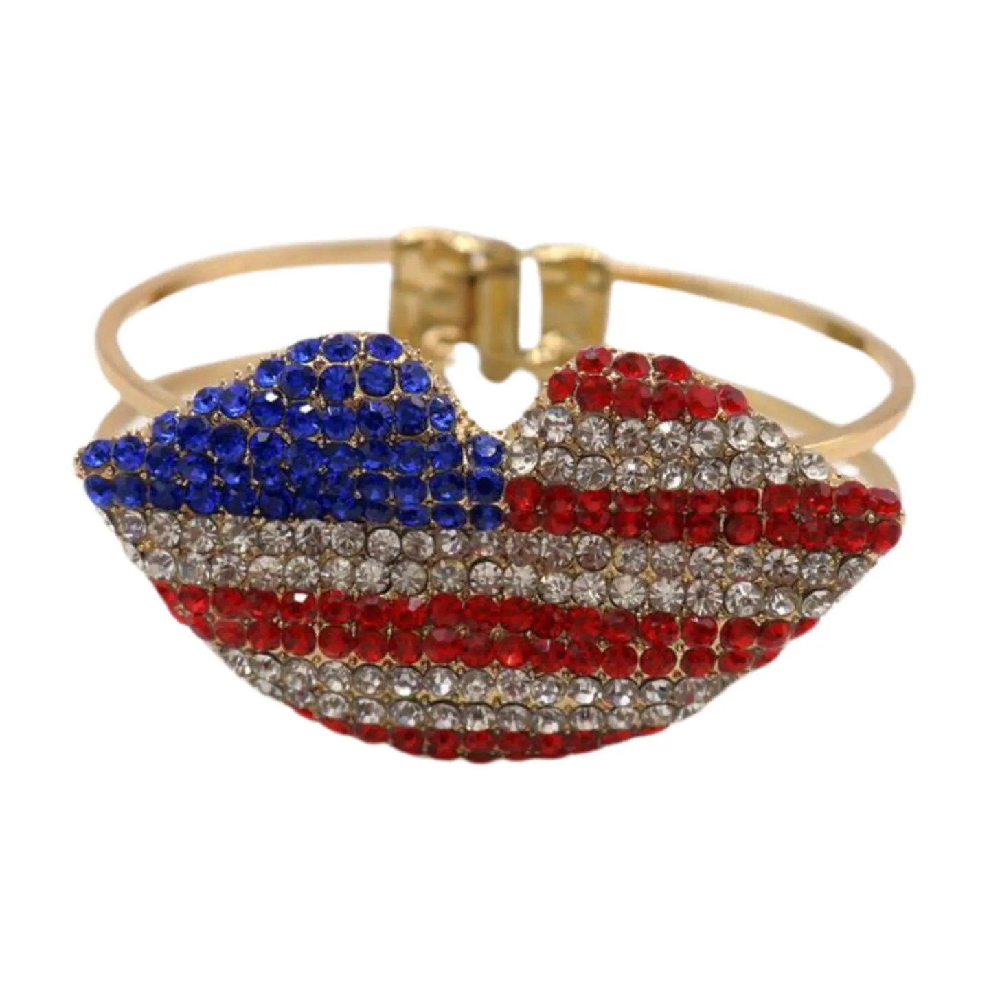 Women Gold Metal Cuff Bracelet Bling USA Flag Kiss Lips