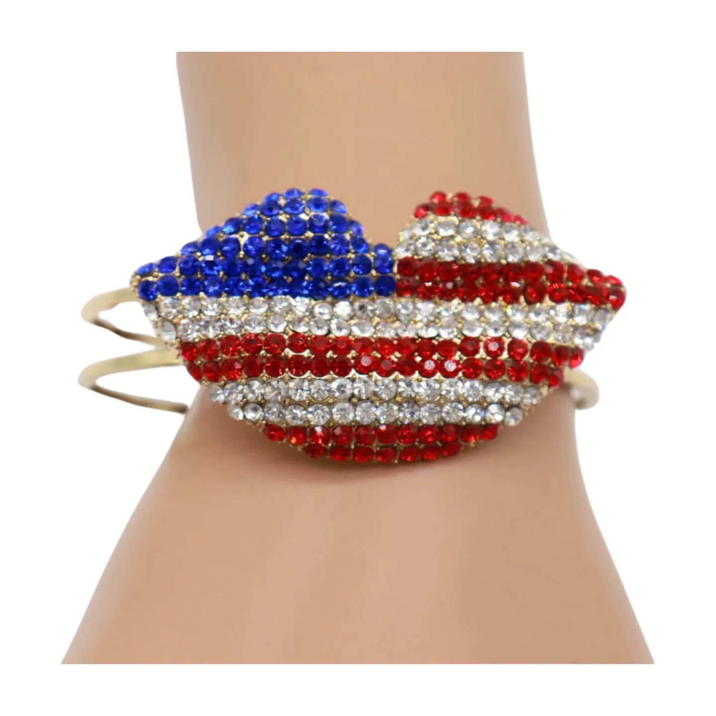 Women Gold Metal Cuff Bracelet Bling USA Flag Kiss Lips