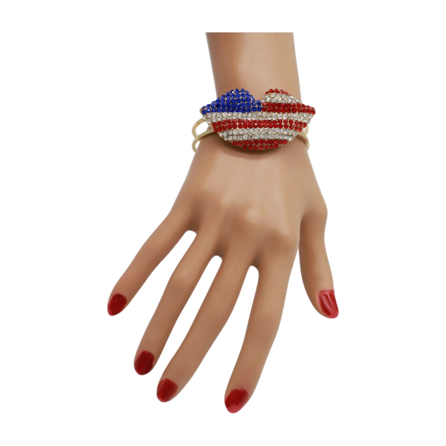 Women Gold Metal Cuff Bracelet Bling USA Flag Kiss Lips