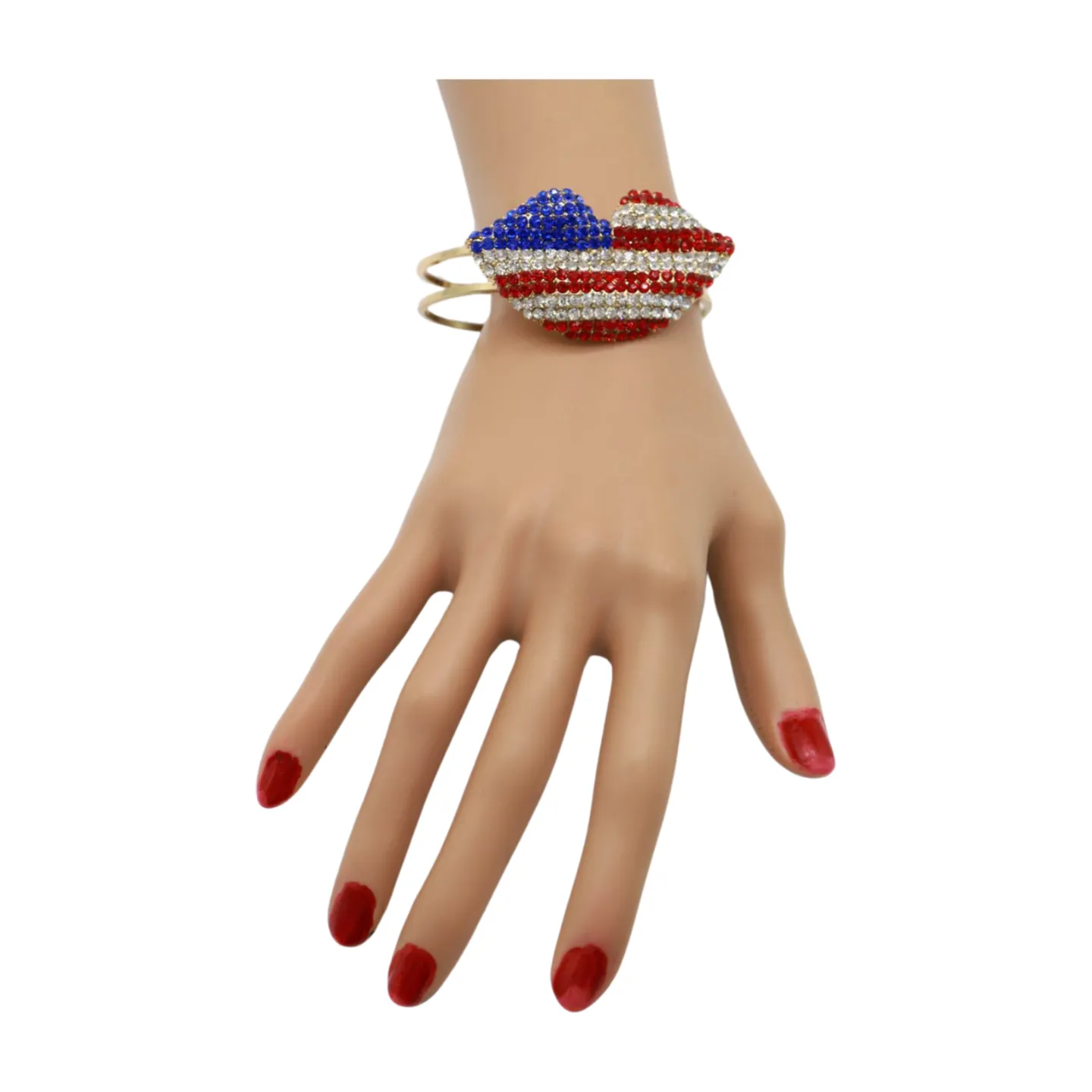 Women Gold Metal Cuff Bracelet Bling USA Flag Kiss Lips