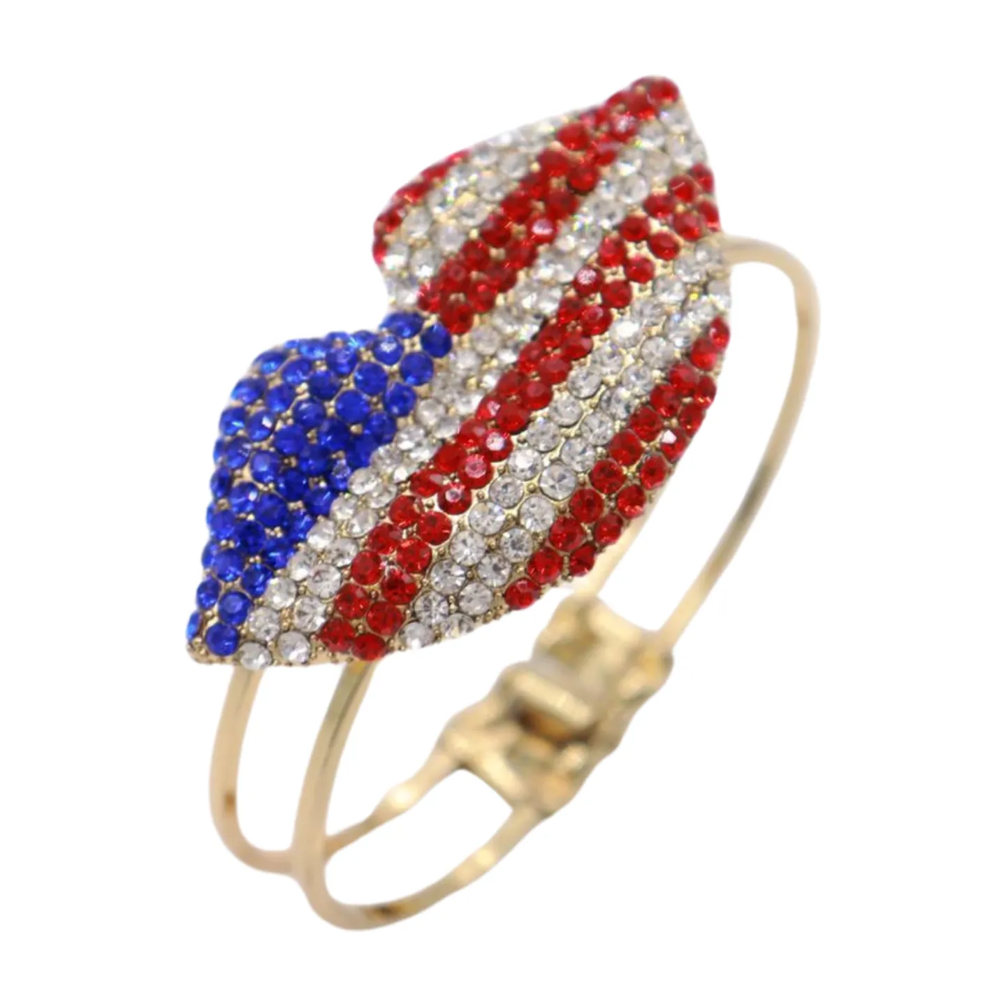 Women Gold Metal Cuff Bracelet Bling USA Flag Kiss Lips