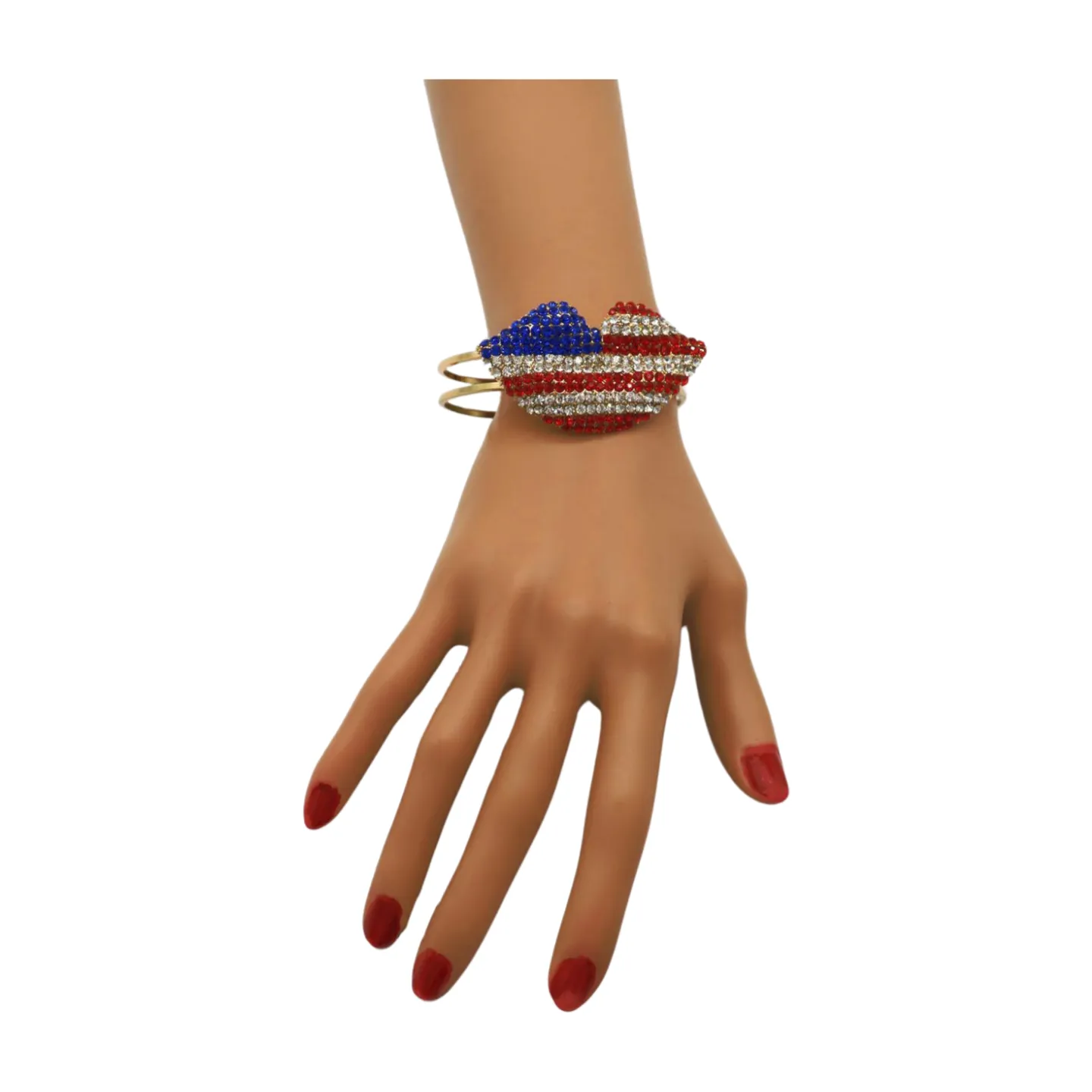 Women Gold Metal Cuff Bracelet Bling USA Flag Kiss Lips