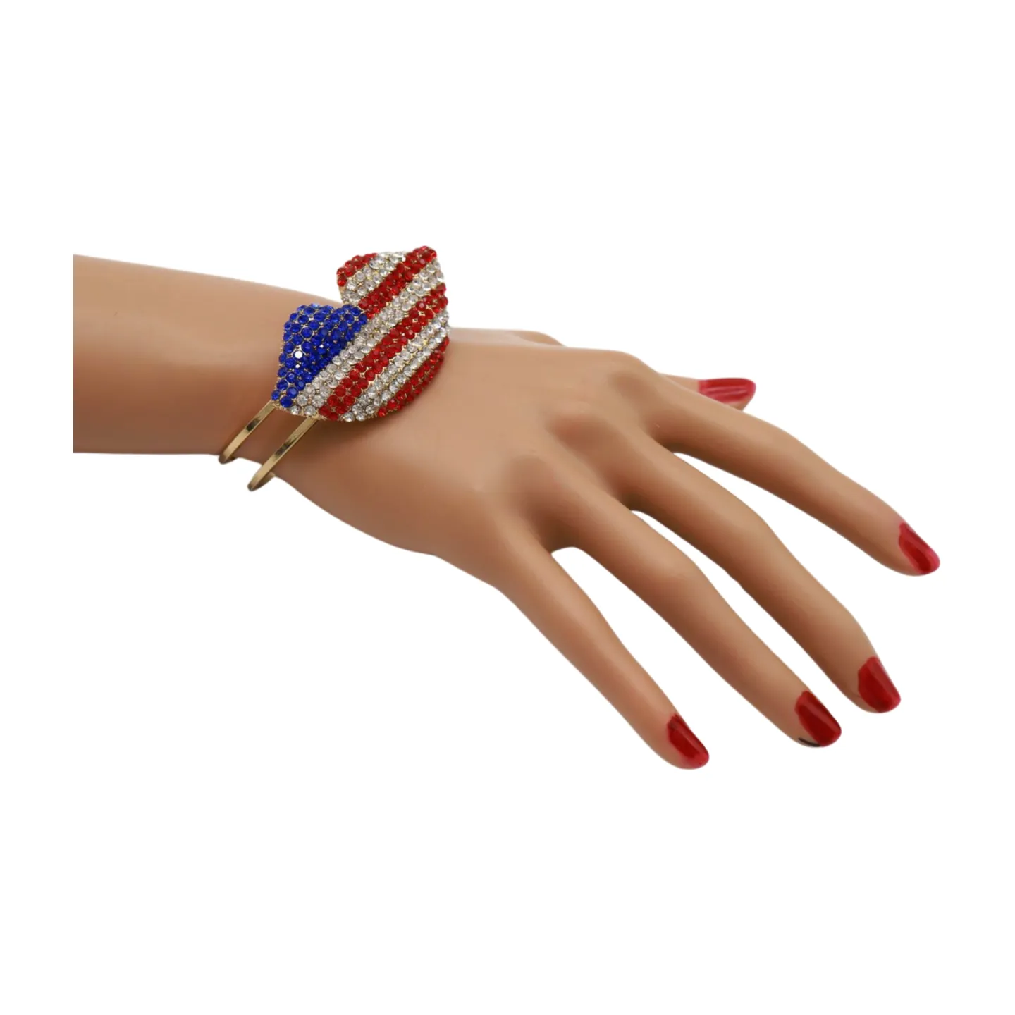 Women Gold Metal Cuff Bracelet Bling USA Flag Kiss Lips
