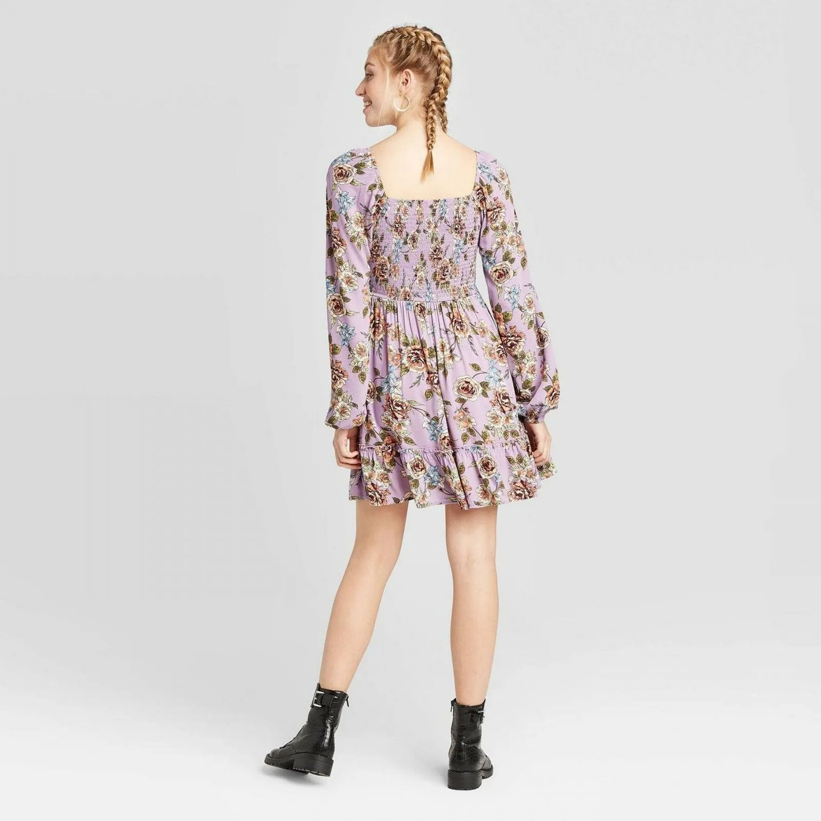 Xhilaration Women's Floral Long Sleeve Square Neck Smocked Top Mini Dress