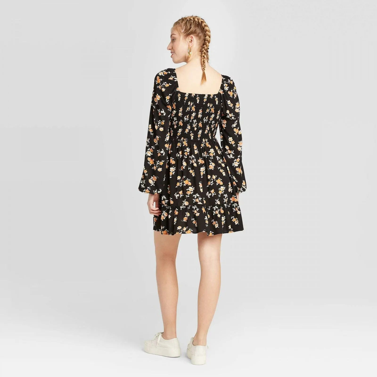 Xhilaration Women's Floral Long Sleeve Square Neck Smocked Top Mini Dress