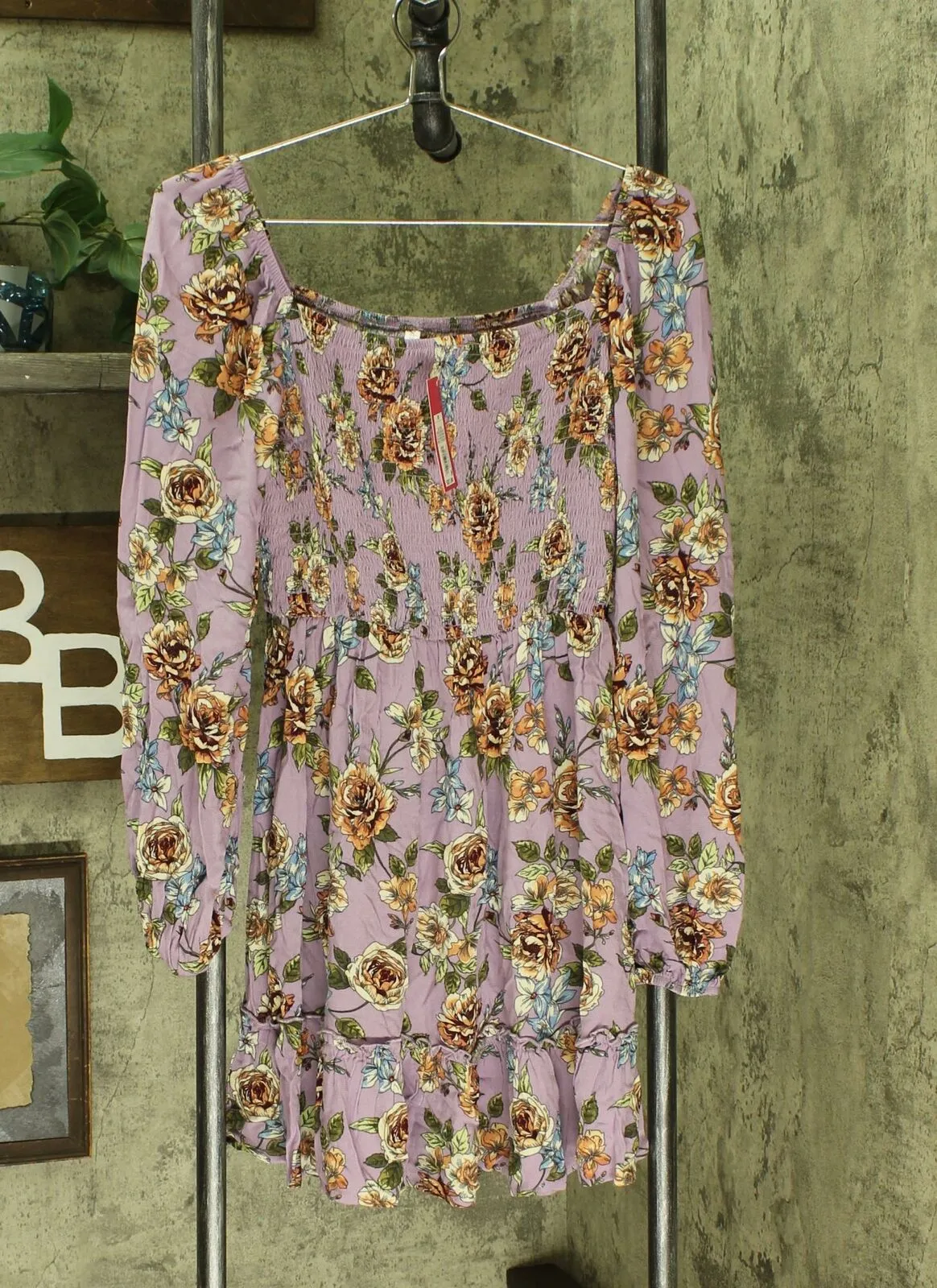 Xhilaration Women's Floral Long Sleeve Square Neck Smocked Top Mini Dress