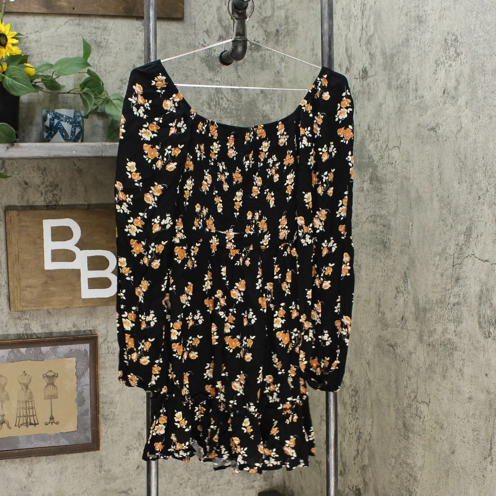 Xhilaration Women's Floral Long Sleeve Square Neck Smocked Top Mini Dress