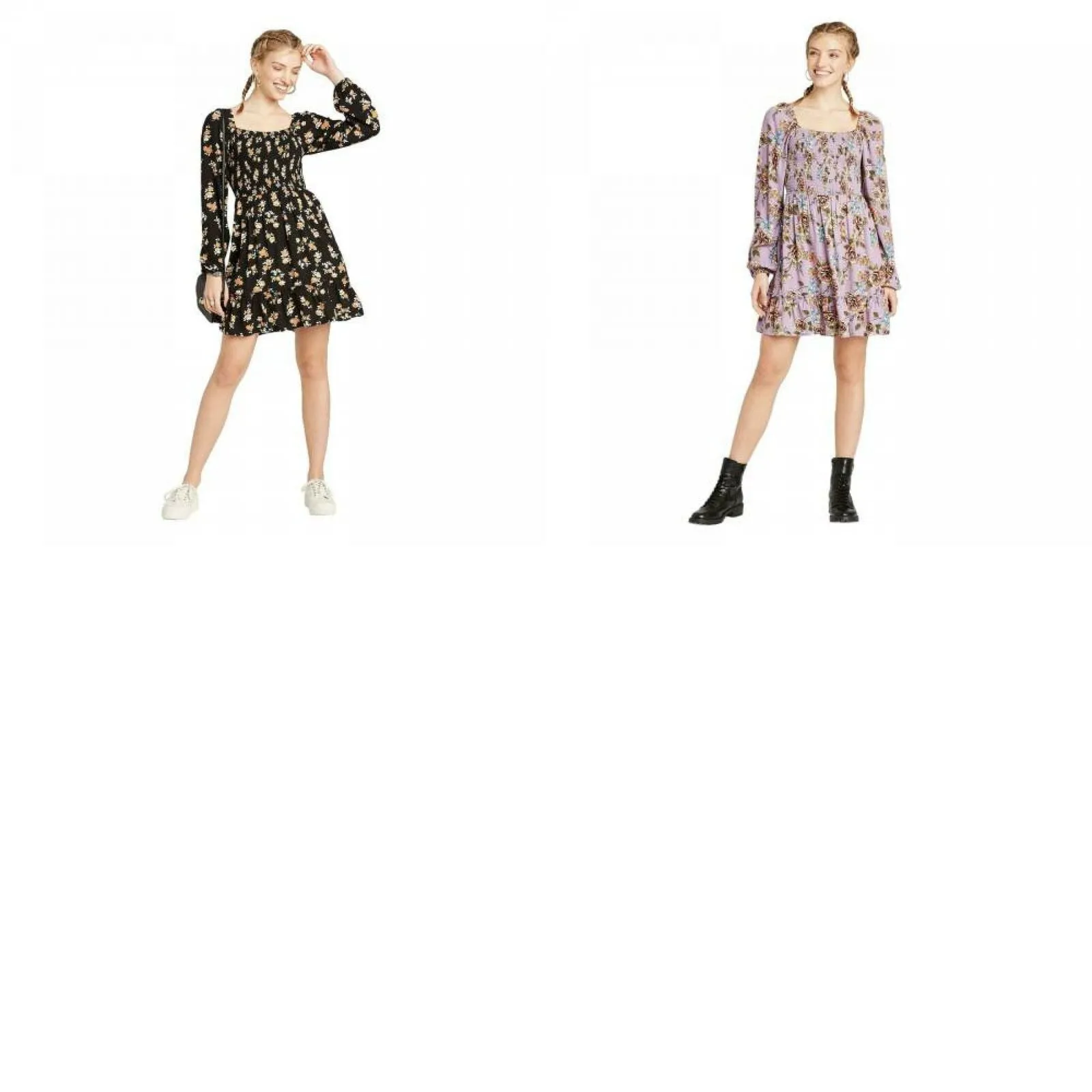 Xhilaration Women's Floral Long Sleeve Square Neck Smocked Top Mini Dress