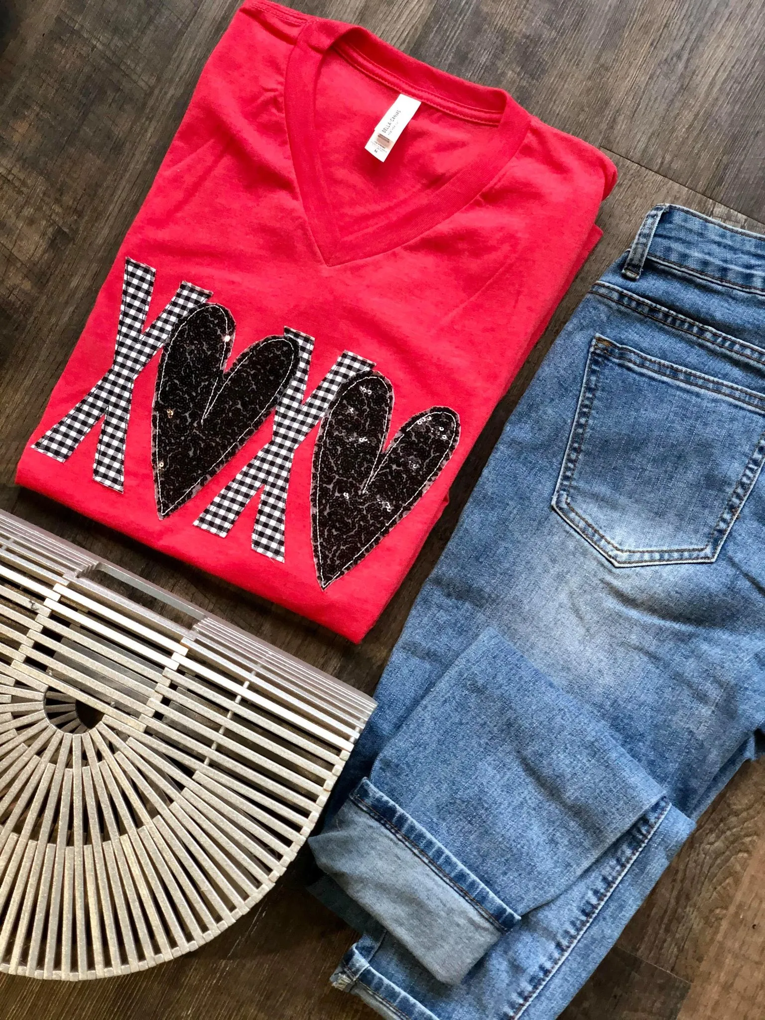 {XOXO} Appliqued Black   White Plaid   Black Sequins Heather Red V-Neck Tee