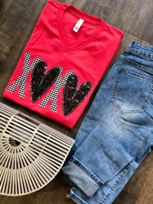 {XOXO} Appliqued Black   White Plaid   Black Sequins Heather Red V-Neck Tee