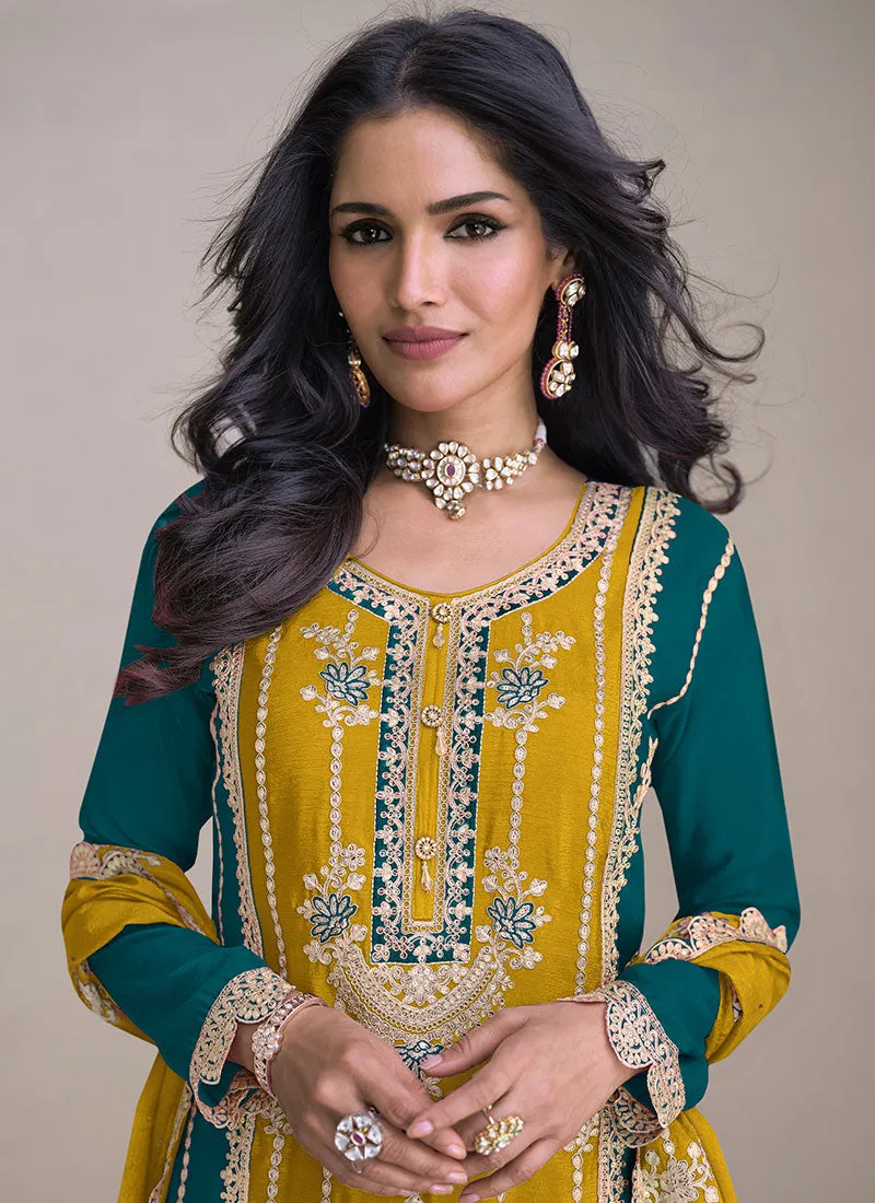 Yellow And Green Embroidery Festive Palazzo Suit