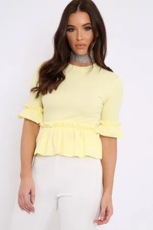 Yellow Peplum Frill Detail Top with Frill Sleeves - Gretta